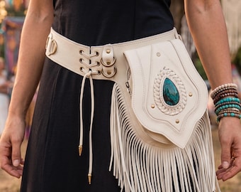 Handmade Leather Fringe Waist Belt Bag with Labradorite Gemstone, Festival Hip Pouch For Unisex.