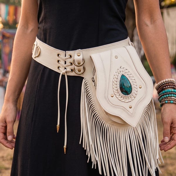 Handmade Leather Fringe Waist Belt Bag with Labradorite Gemstone, Festival Hip Pouch For Unisex.
