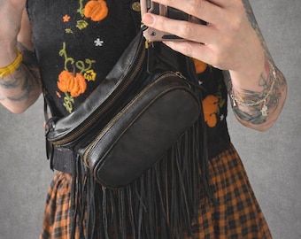Black Leather Fringe Waist Bag with Zipper Pocket, Antique Brass Hardware