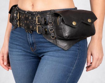 Leather Waist Belt with Multiple Pockets and Antique Brass Studs.