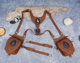 REAL LEATHER labradorite GEMSTONE Shoulder Holster Bag, Leather Handmade, Leather Shoulder Bag