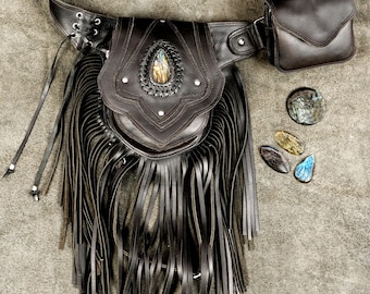 Black Leather Fringe Thigh Bag Labradorite Gemstone Festival Belt Adjustable Unisex