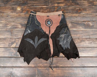 Handcrafted Leather Fairy Skirt with Gemstone Tribal Patchwork Gothic Asymmetrical Hip Scarf