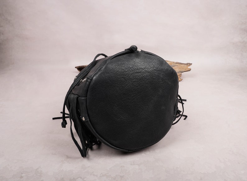 Black Fringe Leather Bucket Bag Crossbody Adjustable Strap Leather Bag Handmade Women Drawstring Bag Handbag Purse Leather Bag For Gift Item image 4