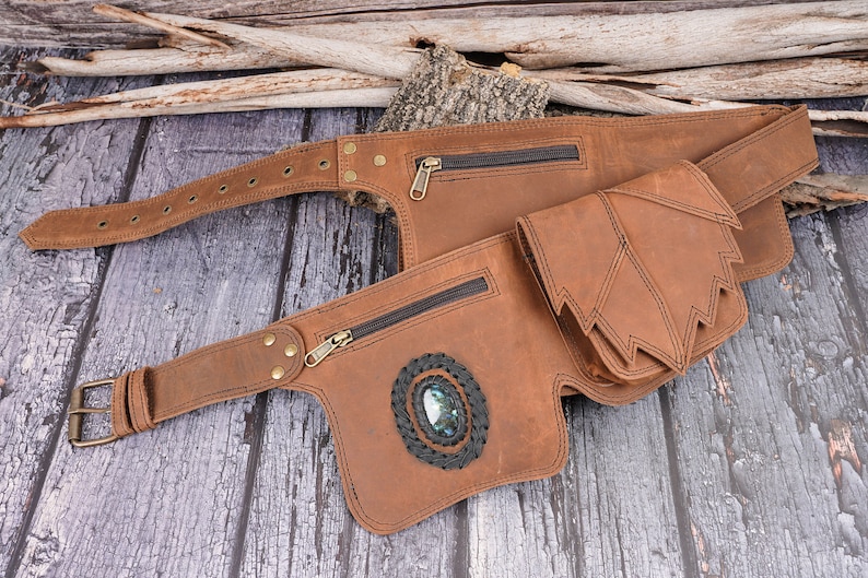 Handmade Brown Leather Waist Bag with gemstone, Belt pouch, Hip bag with adjustable belt for Women and Girls image 8