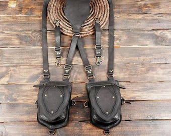 Handmade Leather Shoulder Holster with Zipper Pockets – Utility Harness || Black Leather Shoulder Holster Utility Bag