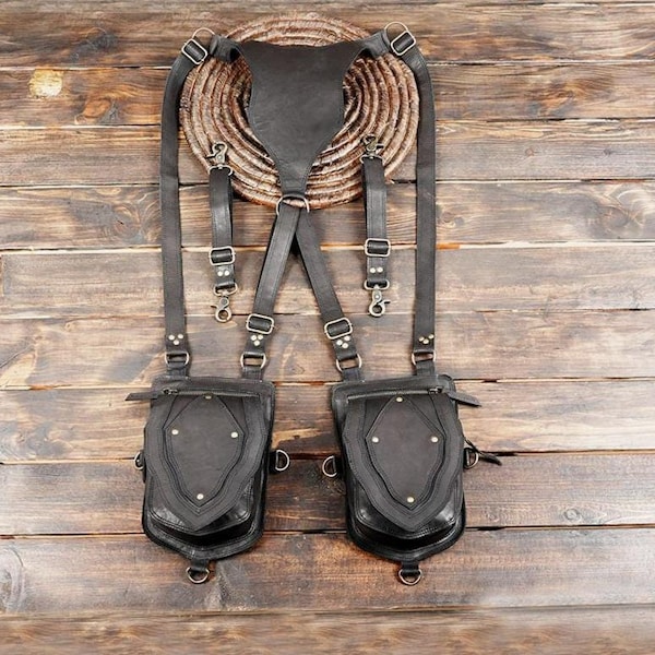 Handmade Leather Shoulder Holster with Zipper Pockets – Utility Harness || Black Leather Shoulder Holster Utility Bag