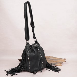 Black Fringe Leather Bucket Bag Crossbody Adjustable Strap Leather Bag Handmade Women Drawstring Bag Handbag Purse Leather Bag For Gift Item image 3