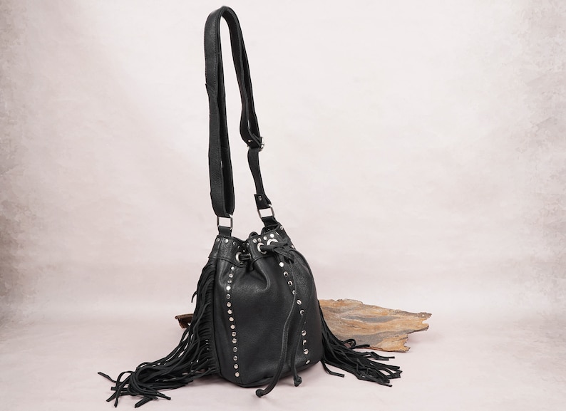 Black Fringe Leather Bucket Bag Crossbody Adjustable Strap Leather Bag Handmade Women Drawstring Bag Handbag Purse Leather Bag For Gift Item image 3