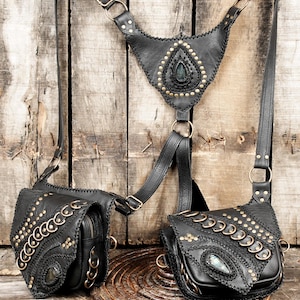 Handcrafted Leather Utility Holster , Unisex Travel Bag with Stone Accent, Black Leather Shoulder Holster with Brass Fittings, for unisex.