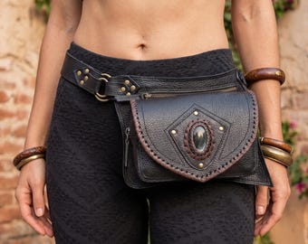 Handmade Black Leather Belt Bag with Labradorite Stone, Adjustable Strap