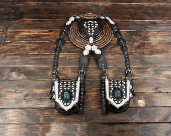 Handmade Black & White Leather Holster Bag with Flower of Life Dual Bag Labradorite Gemstone