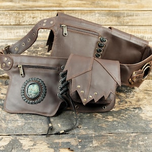 Handmade Brown Leather Waist Bag with gemstone || Belt pouch, Hip bag with adjustable belt || Utility handmade Leather Waist Belt ||
