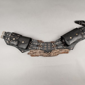 Leather Waist Belt with Multiple Pockets and Antique Brass Studs.