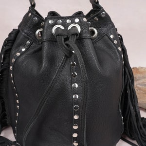 Black Fringe Leather Bucket Bag Crossbody Adjustable Strap Leather Bag Handmade Women Drawstring Bag Handbag Purse Leather Bag For Gift Item image 2