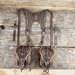 Handmade Leather Shoulder Holster Bag with Real Labradorite Gemstones || Burning Man holster || Adjustable straps || For Unisex ||