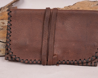 Handcrafted Leather Tobacco Pouch Tie Wrap Purse – Rustic Medium Brown Travel Pouch