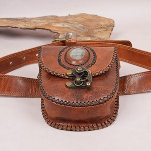 Handmade Brown Leather Utility Belt Pouch With Real Gemstone, Waist Bag ...