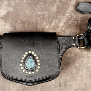 Black Leather Utility Waist Belt Bag with Labradorite Gemstone, Antique Brass Hardware, Unisex Pouch