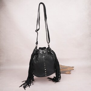 Black Fringe Leather Bucket Bag Crossbody Adjustable Strap Leather Bag Handmade Women Drawstring Bag Handbag Purse Leather Bag For Gift Item image 5