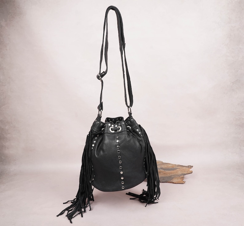 Black Fringe Leather Bucket Bag Crossbody Adjustable Strap Leather Bag Handmade Women Drawstring Bag Handbag Purse Leather Bag For Gift Item image 5