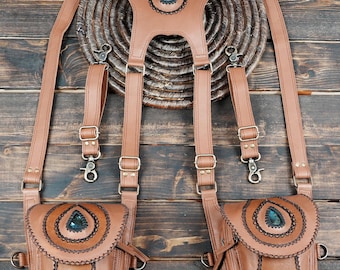 Handmade Leather Shoulder Holster with Dual Pockets || Holster with Magically Labradorite Gemstone || Steampunk Gothic Holster For Unisex