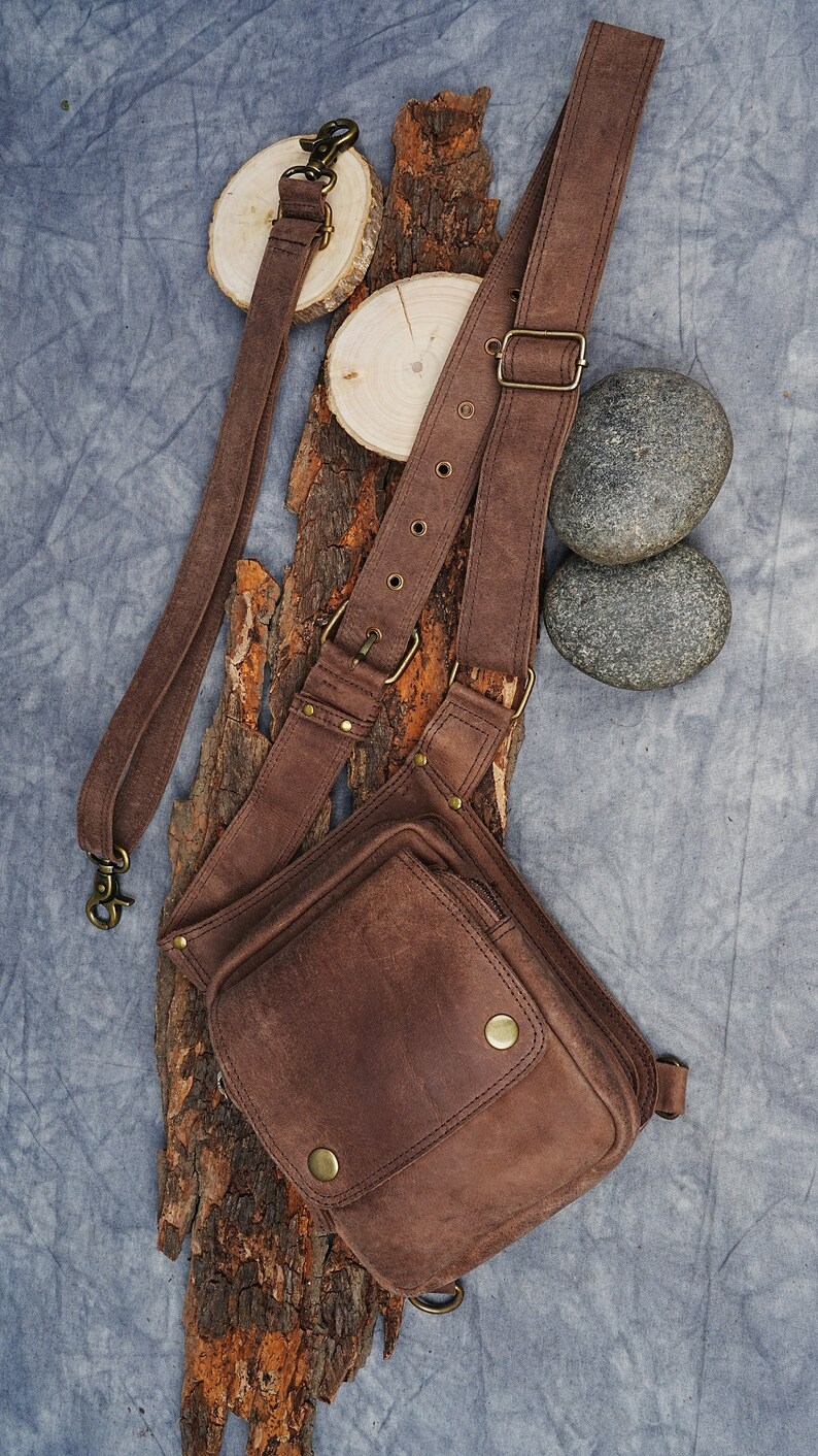 Handmade Leather Waist Bag with Adjustable Belt, Festival Fanny Pack, Leather Crossbody Bag, Gift for him & her zdjęcie 9