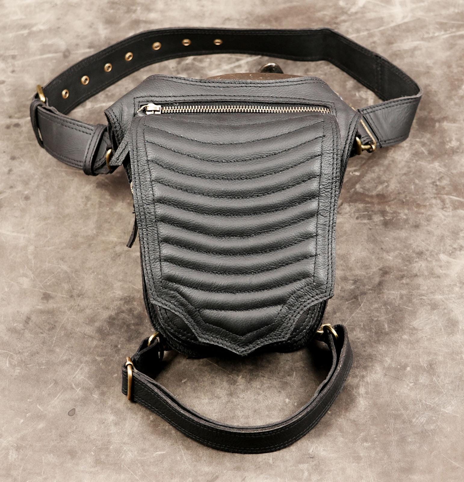 Handmade Black Leather Hip Harness Bag Zipper Pouch Studded Festival Utility Belt Unisex