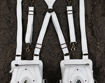 Handmade White Leather Shoulder Bag Labradorite gemstone Double Bag Festival Gift for her