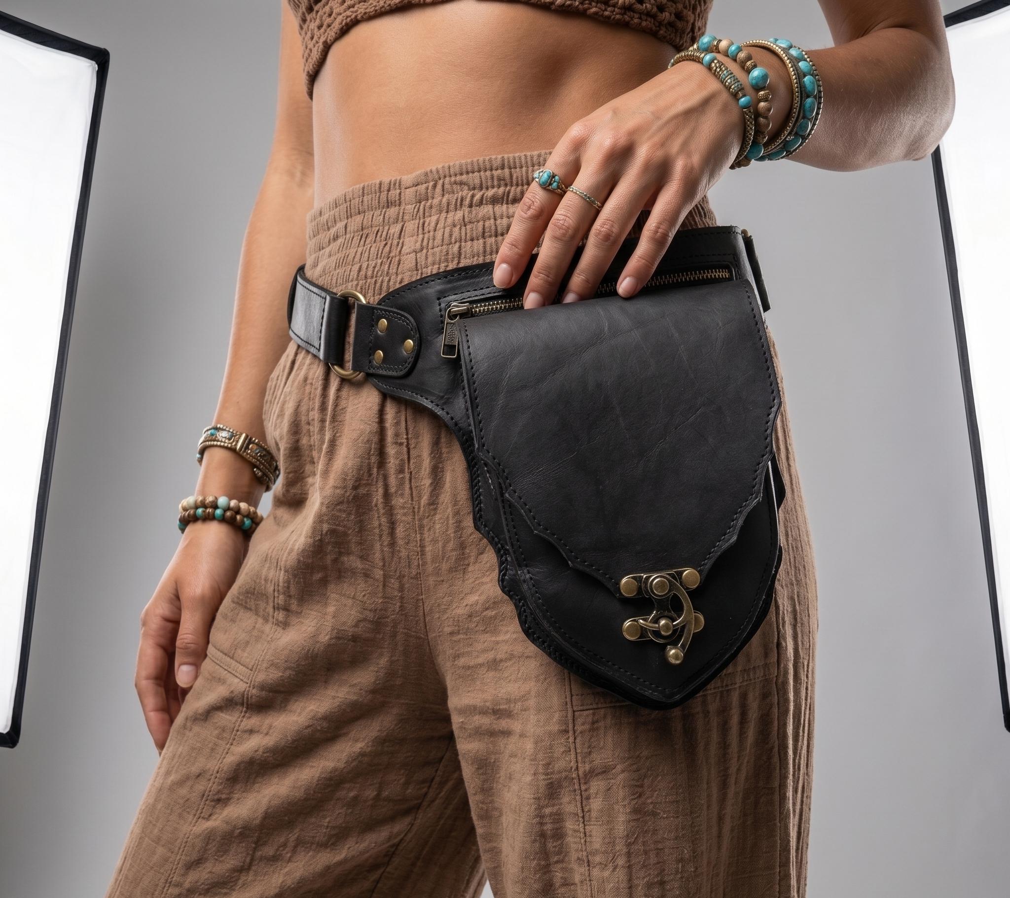 Genuine Leather Belt Bag Waist Pouch Black Utility Belt Festival Goth Boho Handmade Black Leather Belt Bag, Gothic Hip Pouch, Festival  main image 2