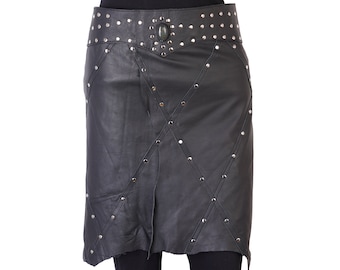 Handmade Black Leather Festival Skirt: Studded Belt, Recycled Leather