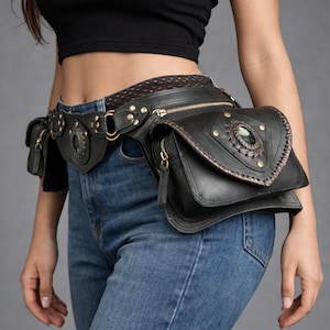 Black Leather Belt Bag with Dual Pouches and Labradorite Stone Detail