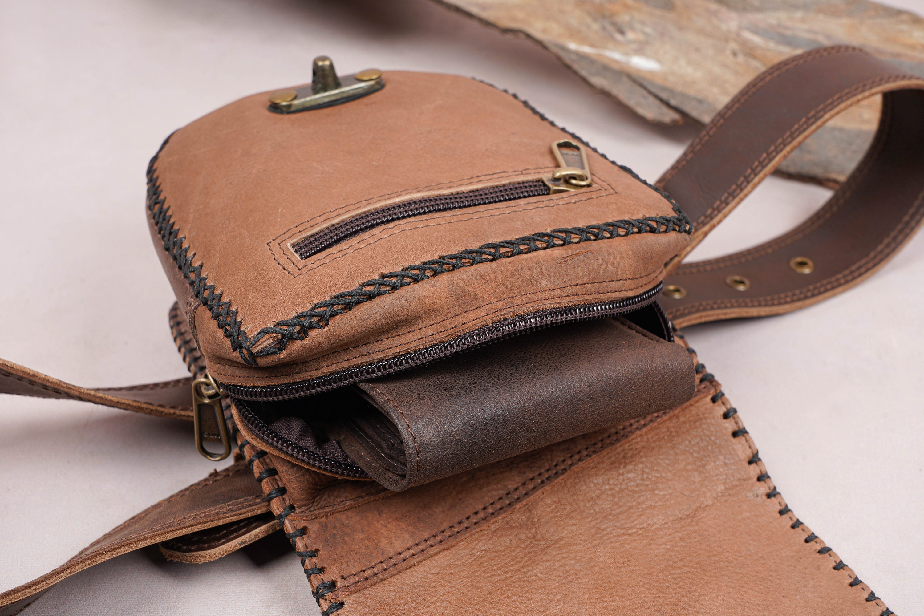 Brown Leather Belt Bag with Stone Accent Stone Belt Bag - Etsy main image 2