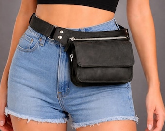 Black Leather Belt Bag, Genuine Hip Bag, Silver Hardware Zipper Pocket