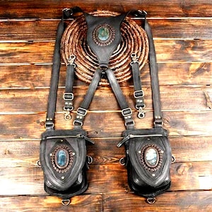 Handcrafted Leather Holster, Festival or Steampunk Style, Double pouch belt, Utility belt, Festival fashion, Burning Man gear