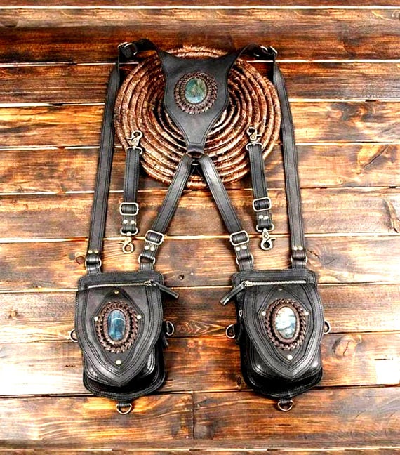 Handmade Leather Shoulder Holster Bag with Labradorite Gemstone, Festival Harness Utility Bag, Festival Utility Chest Bag For Unisex.