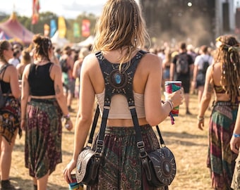Handmade Leather Chest Harness Bag | Boho Festival Shoulder Holster with Dual Pouches | Unisex Travel Utility Bag