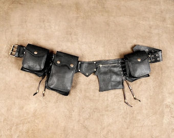 Black Leather Utility Belt Bag, Multi Pocket Festival Pouch, Travel Ready, Unisex