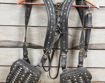 Handmade Black Leather Stylish Holster Belt Bag  Festival Fanny Pack Leather Waist Bag Utility Belt Pouch, Personalized for Men/Women Black