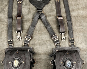 Handmade Black Leather Shoulder Harness Bag Labradorite Gemstone Braided Antique Brass Adjustable Straps Unisex