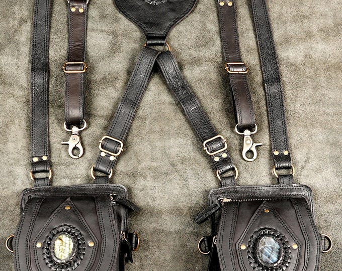 Handmade Black Leather Shoulder Harness Bag Labradorite Gemstone Braided Antique Brass Adjustable Straps Unisex