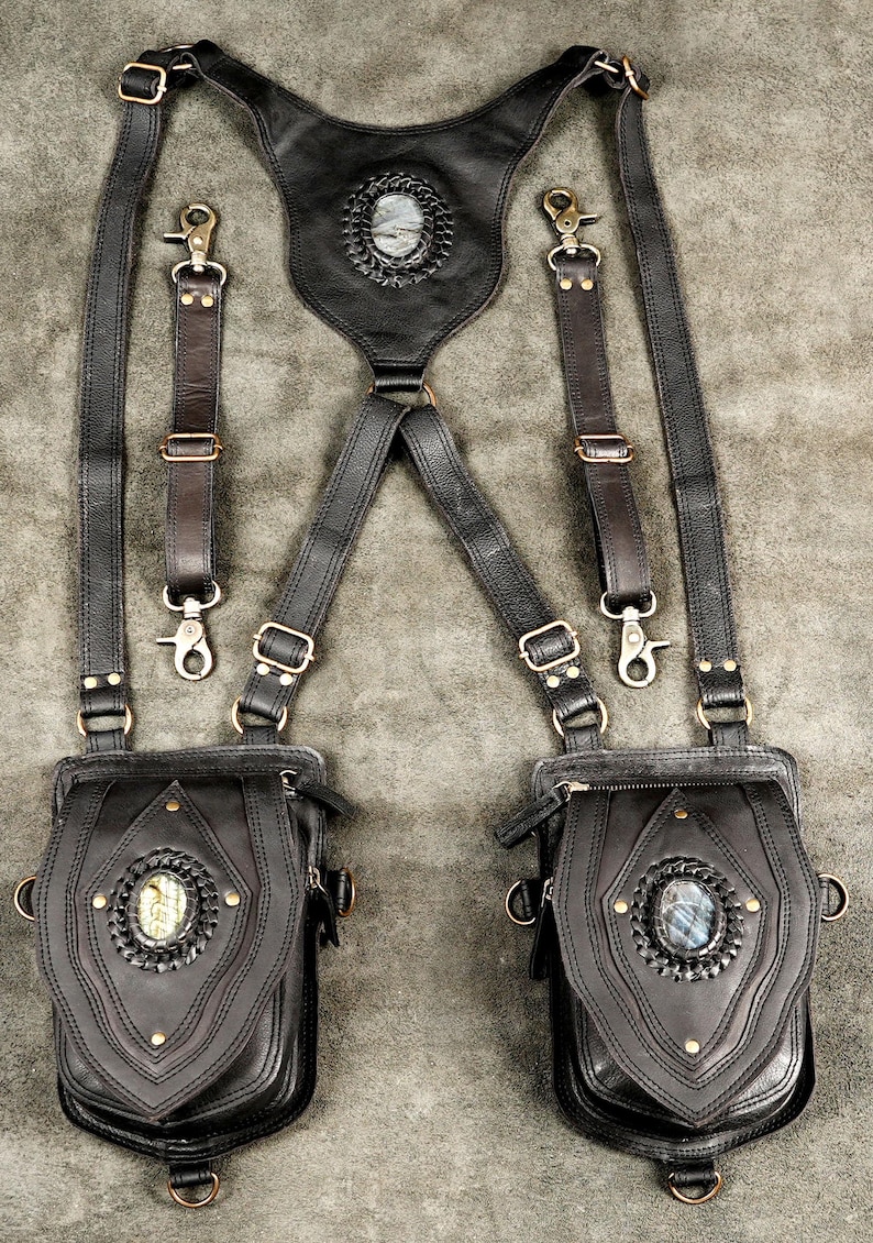 Handcrafted black leather double shoulder holster harness bag set featuring natural labradorite gemstones and antique brass hardware.