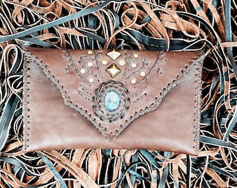 Handmade Leather Tobacco Pouch with Turquoise Stone and Antique Brass Studs