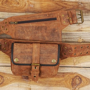 Handmade Brown Leather Waist Bag with Adjustable Belt, Festival Hip Bag, Burning Man Belt Bag, Leather Fanny Pack