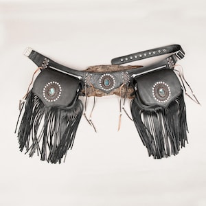 Handmade Black leather Waist Bag with tassels Adjustable belt, Pouch, Hip Bag, Festival fanny bag For unisex