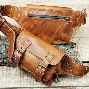 Handmade Leather Two pocket Waist Belt Bag, Hip Belt Pouch for Men and Women, Festival Fanny Pack, Gift for her