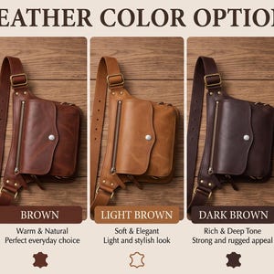 May include: A collection of five leather crossbody bags displayed in black, brown, light brown, dark brown, and white. Each bag features an adjustable shoulder strap, a front pocket with a metal snap button, and a side zipper. The text LEATHER COLOR OPTIONS is at the top, with individual color labels and small leather icons below each bag.