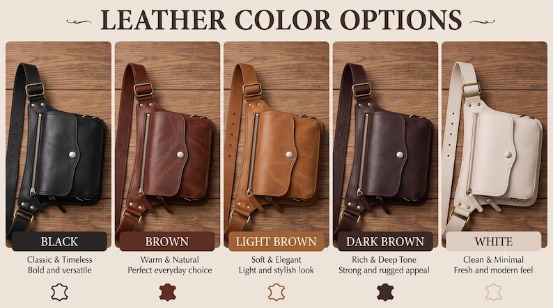 May include: A collection of five leather crossbody bags displayed in black, brown, light brown, dark brown, and white. Each bag features an adjustable shoulder strap, a front pocket with a metal snap button, and a side zipper. The text LEATHER COLOR OPTIONS is at the top, with individual color labels and small leather icons below each bag.