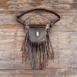 Handmade Brown Leather Fringe Belt Bag: Festival Hip Pouch