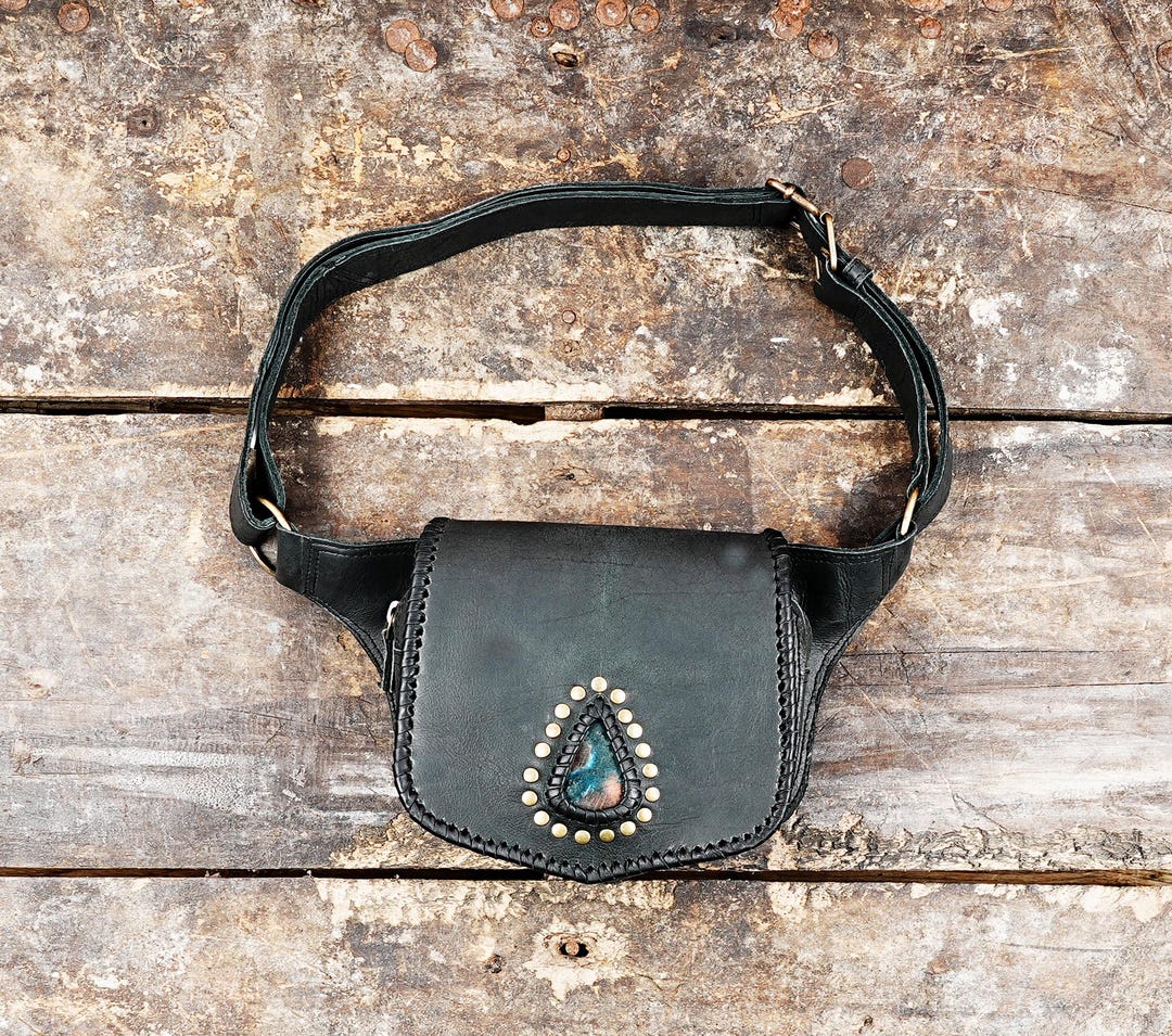 Buy Handmade Black Leather Belt Bag: Gemstone Fanny Pack, Tribal Boho Style  Online in India